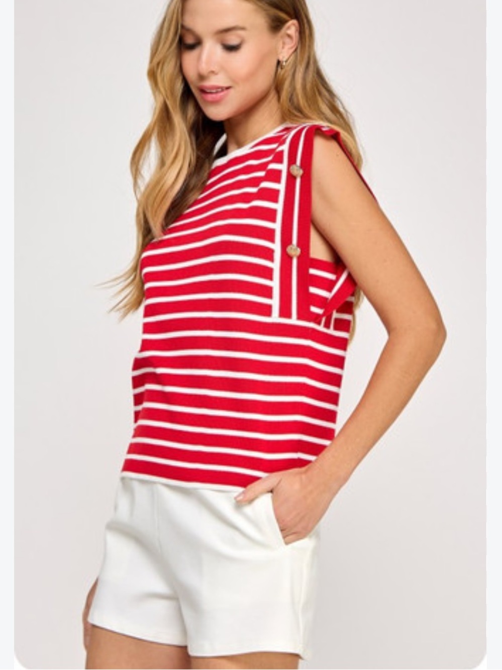 MEXX Red & White Striped Muscle Knit Top with Gold Buttons - Size Large